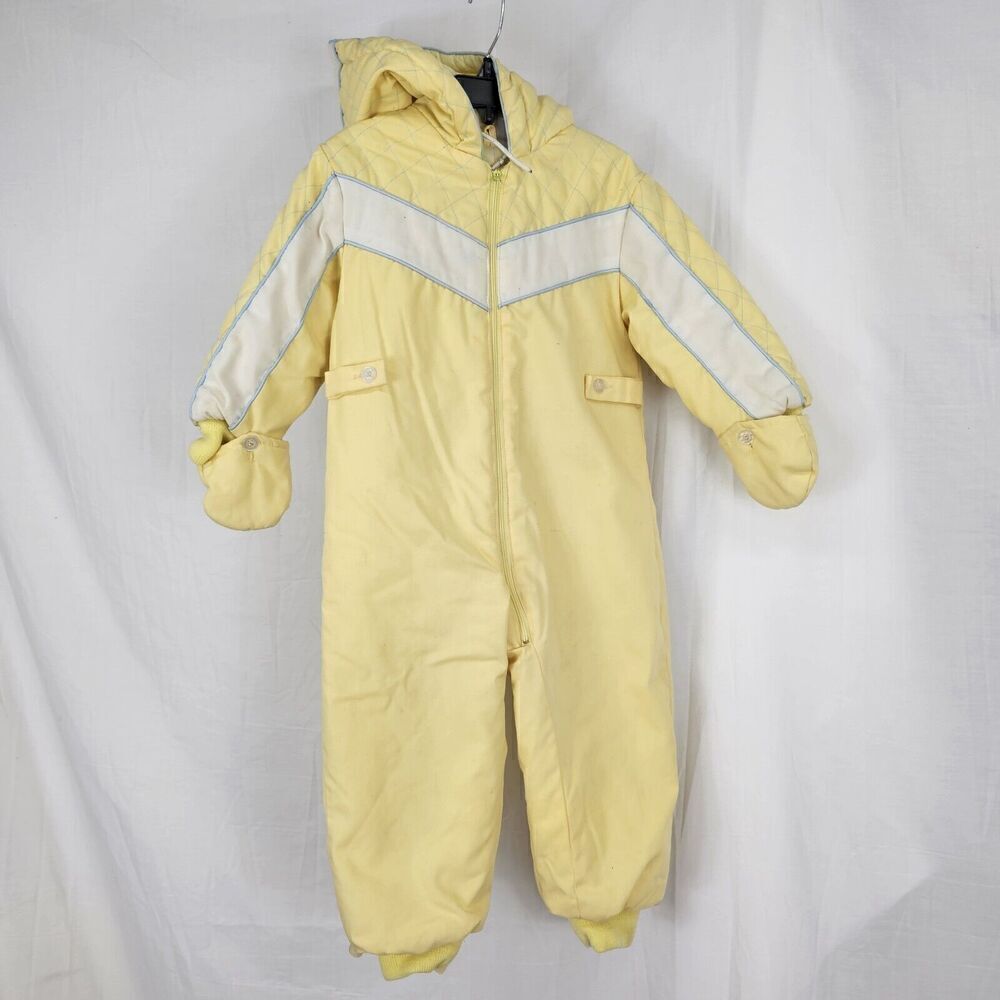 Vintage Yellow Blue Snowsuit Pram Quilted Mittens One Piece Zip Up Hooded Sz 24M